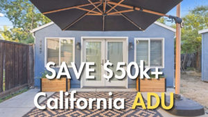 Sacramento ADU construction cost savings example - blue detached ADU with $50k+ savings text overlay