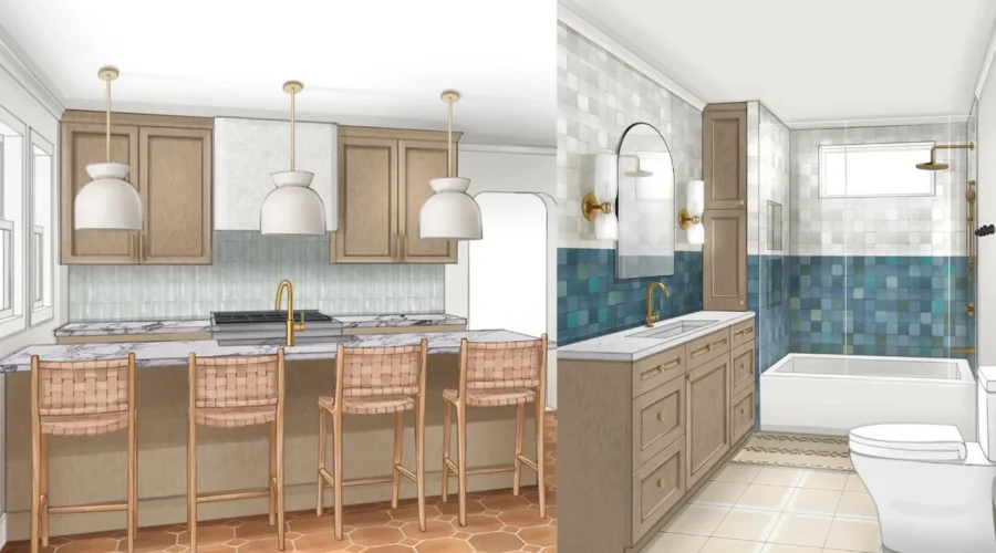 Sacramento kitchen and bathroom remodel renderings showing designer layout with teal tiles, white cabinets, and modern fixtures