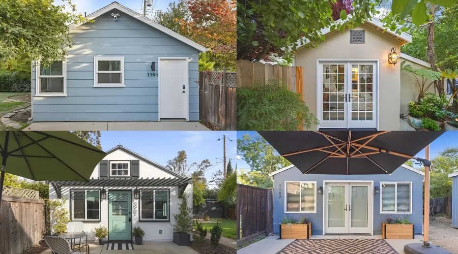 garage conversion cost examples: Sacramento ADU garage conversions showing 4 modern before/after projects with blue siding, white trim, patios, and landscaping