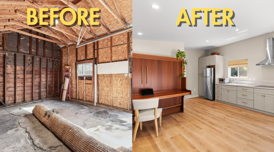 garage conversion Sacramento before/after: 90-year-old Land Park garage framing to modern kitchen and office space with cabinets and flooring