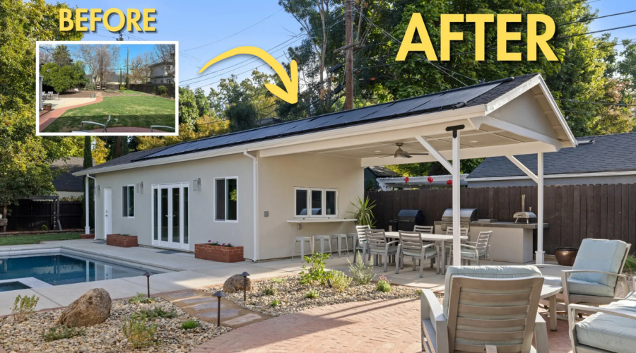 Before and after: empty Land Park Sacramento backyard transformed into modern 781 sq ft pool house ADU with covered patio, outdoor kitchen, and pool integration
